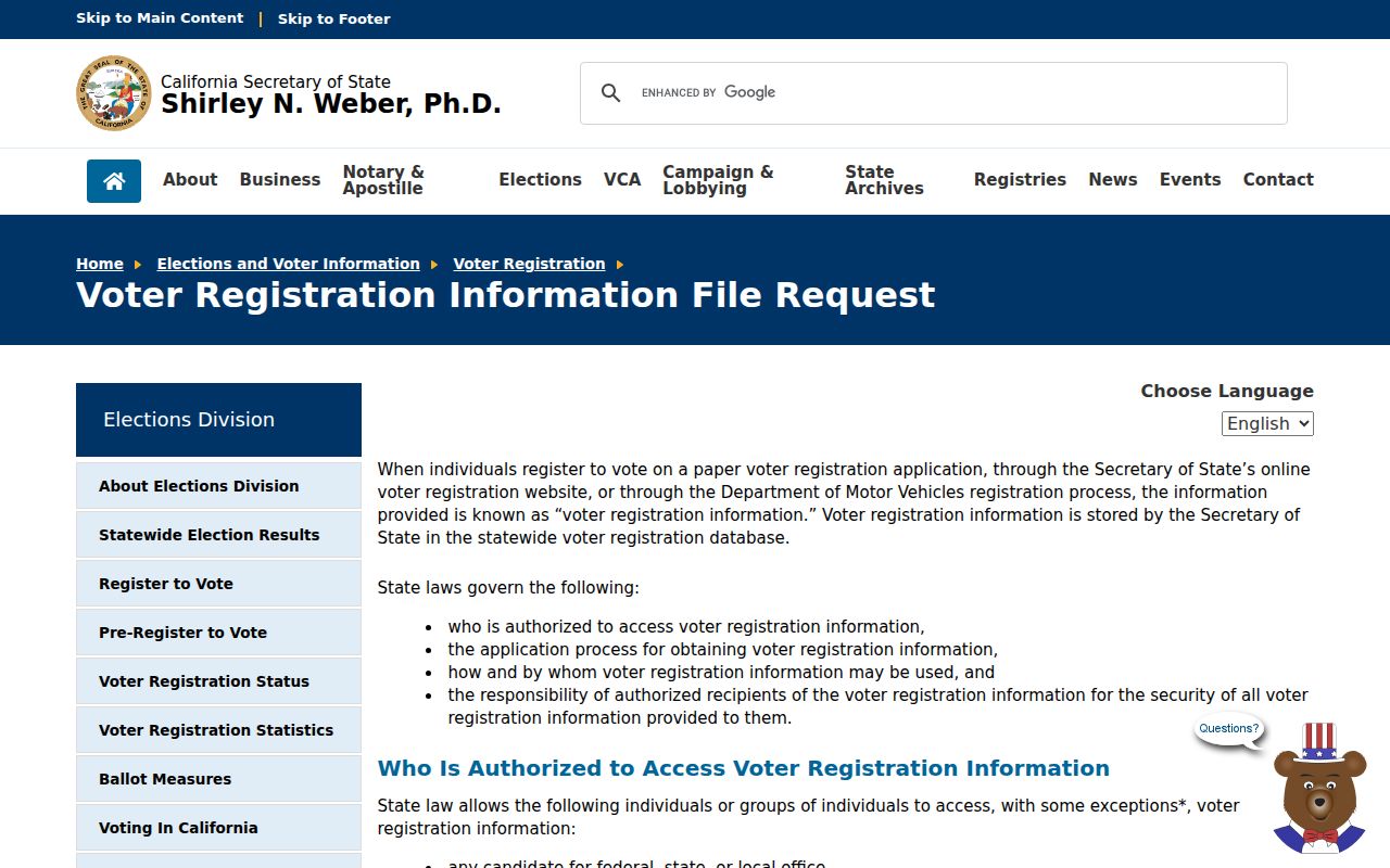Monterey voter registration information file request through California